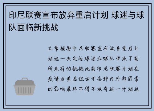 印尼联赛宣布放弃重启计划 球迷与球队面临新挑战